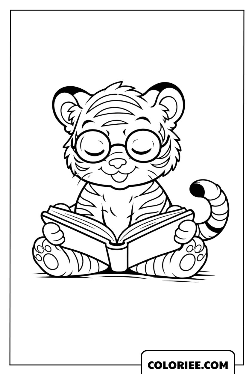 Dessin d'un petit tigre intellectuel lisant un livre à colorier