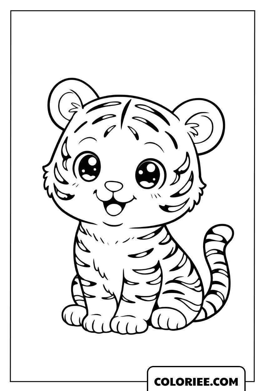 Dessin d'un petit tigre mignon assis à colorier