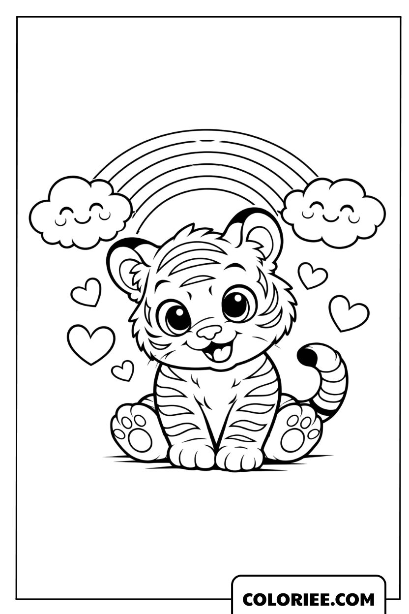 Dessin d'un petit tigre sous un arc-en-ciel et des cœurs à colorier