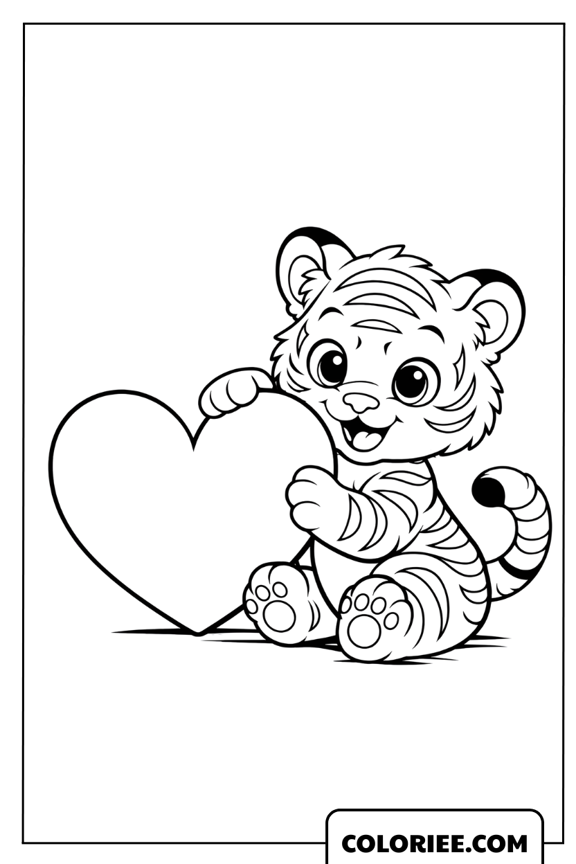Dessin d'un petit tigre tenant un grand cœur à colorier