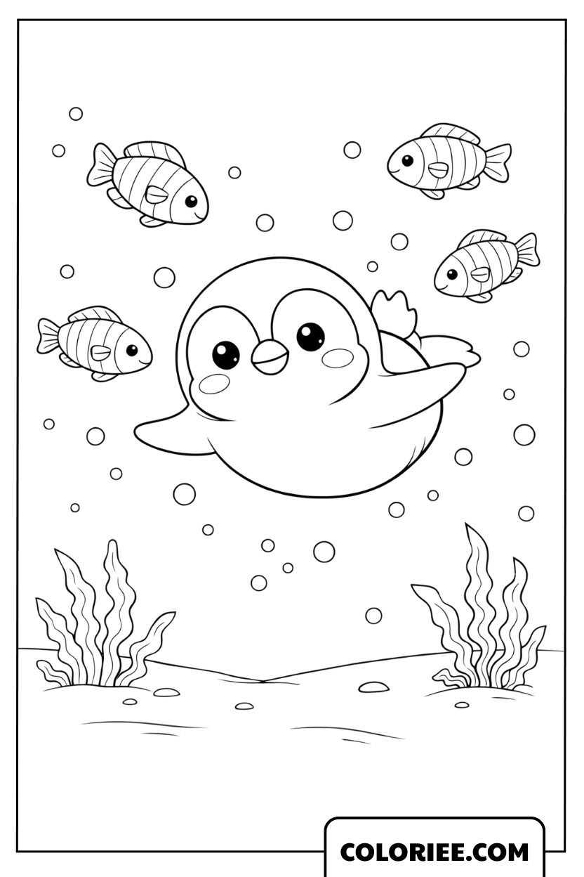 Dessin d’un pingouin nageant avec des poissons