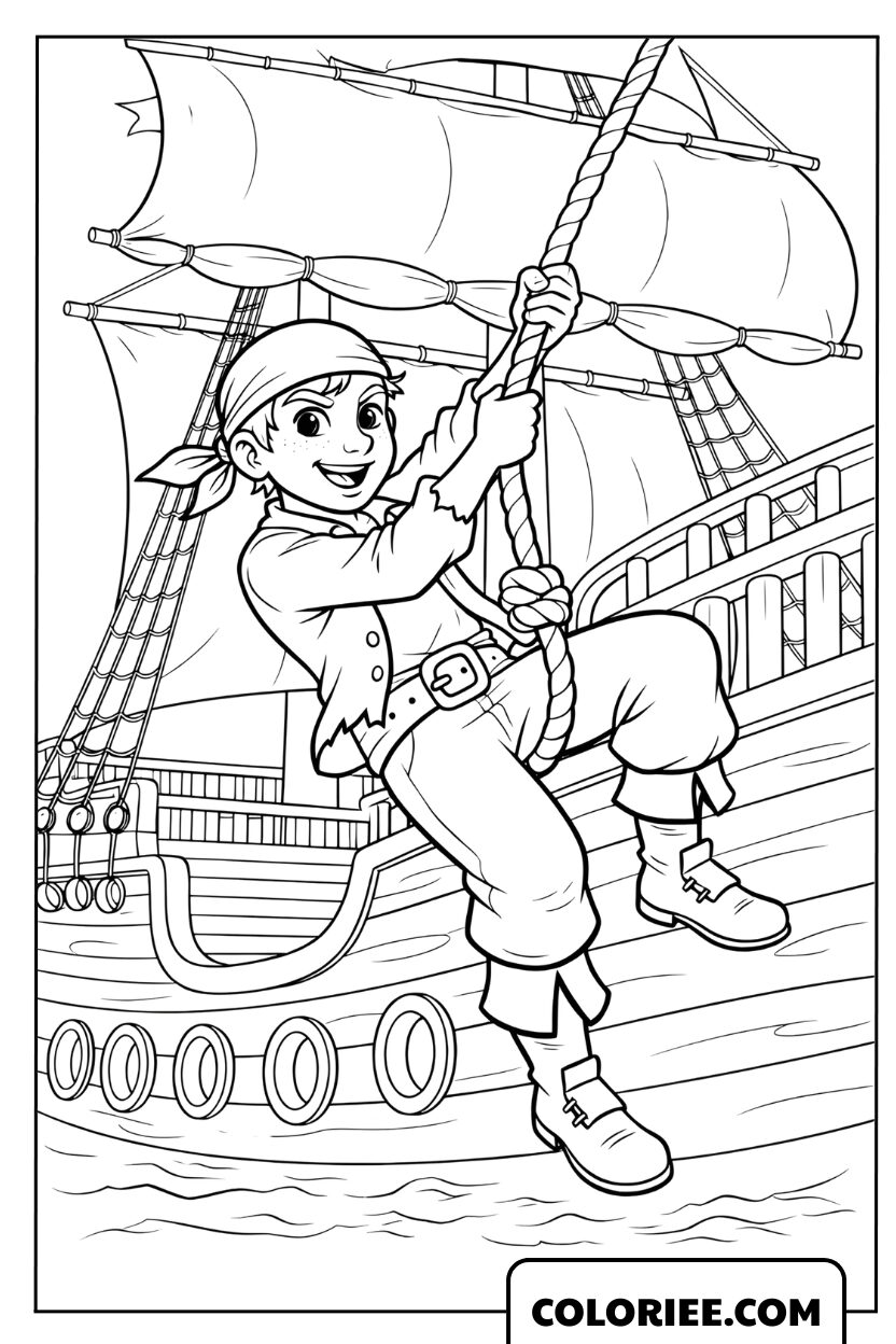 Dessin d'un pirate glissant sur un cordage