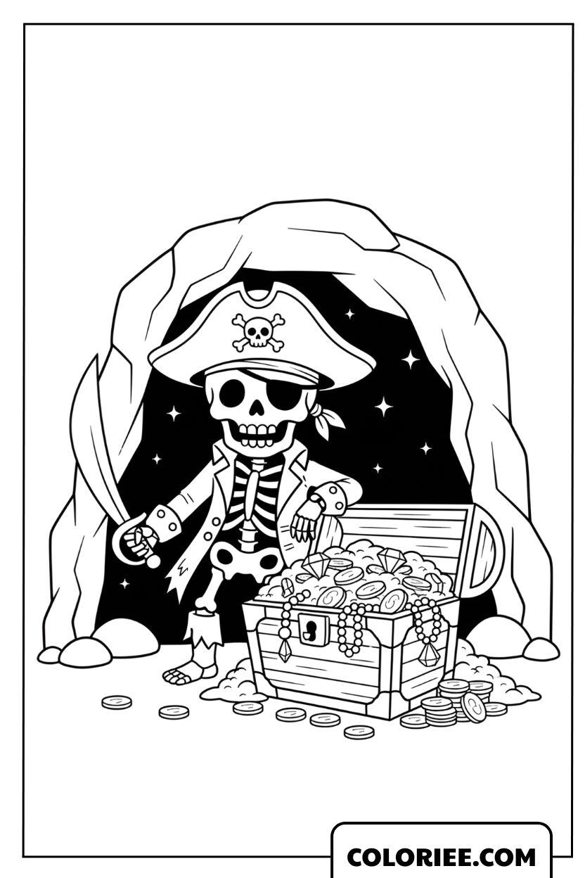 Dessin d'un squelette pirate dans une grotte