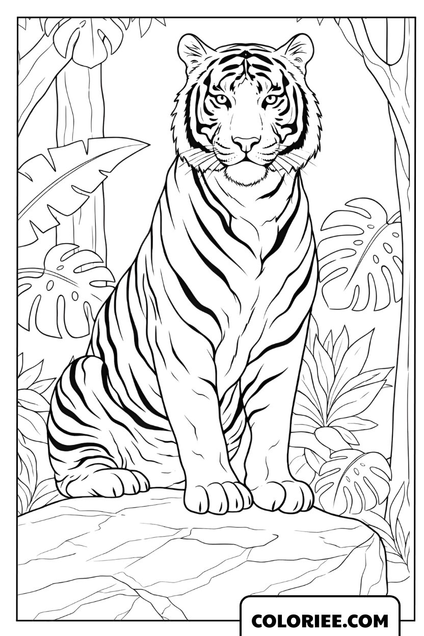 Dessin d'un tigre blanc assis sur un rocher en forêt à colorier