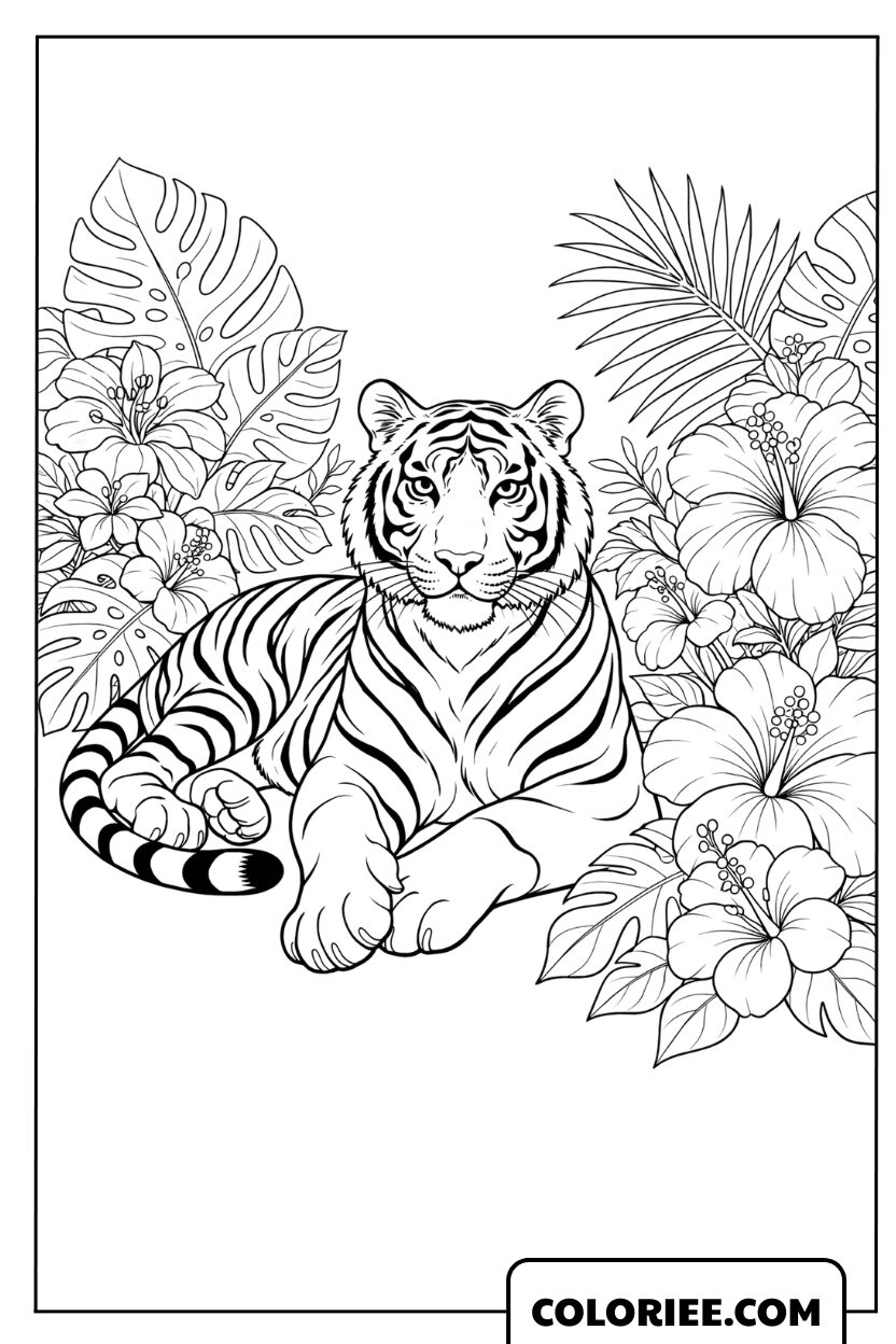 Dessin d'un tigre blanc au repos parmi des hibiscus à colorier