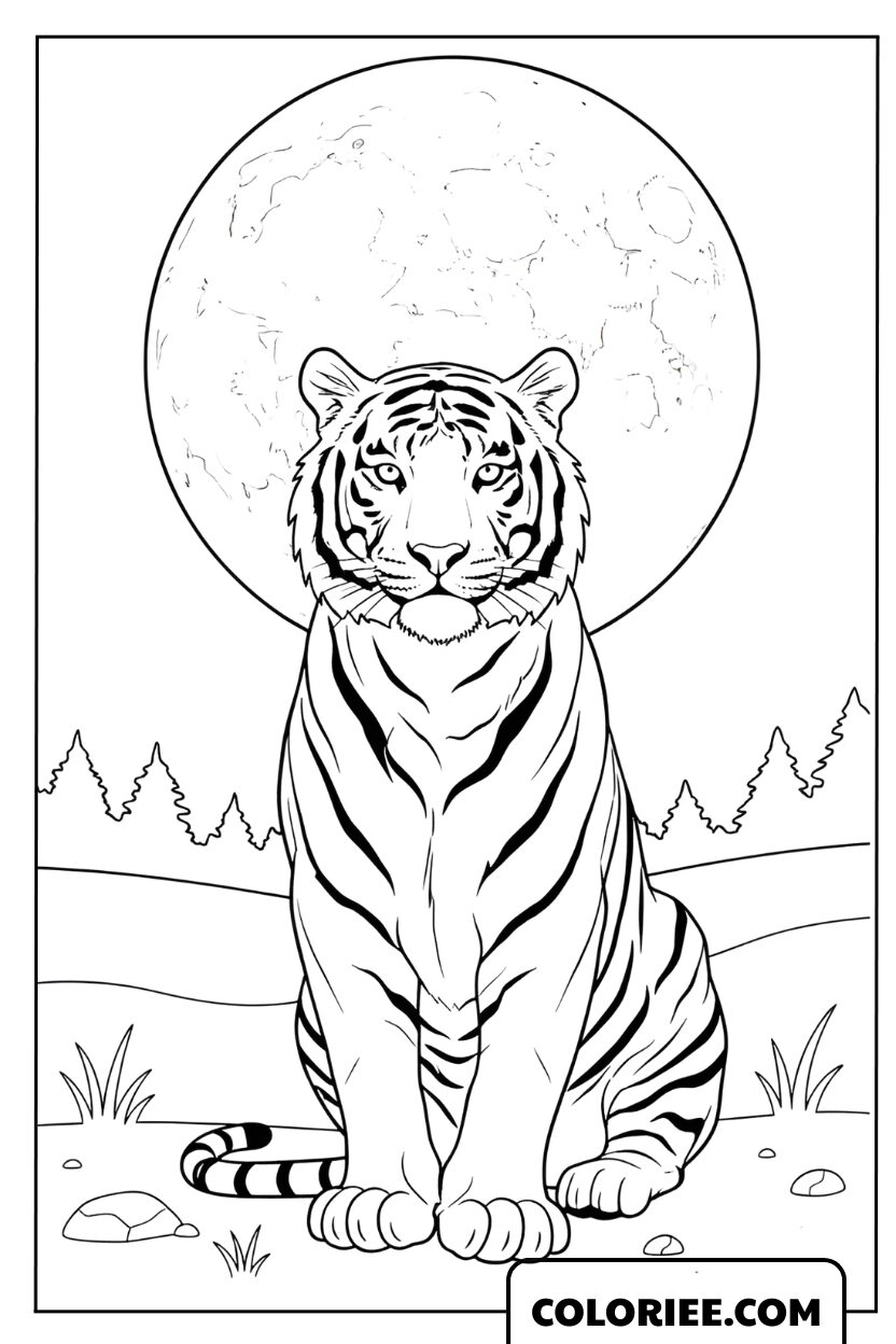 Dessin d'un tigre blanc devant la pleine lune à colorier