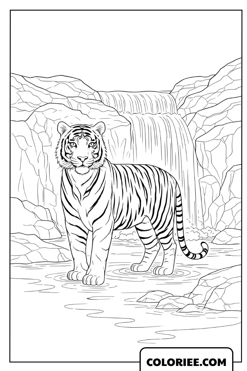 Dessin d'un tigre blanc devant une cascade majestueuse à colorier