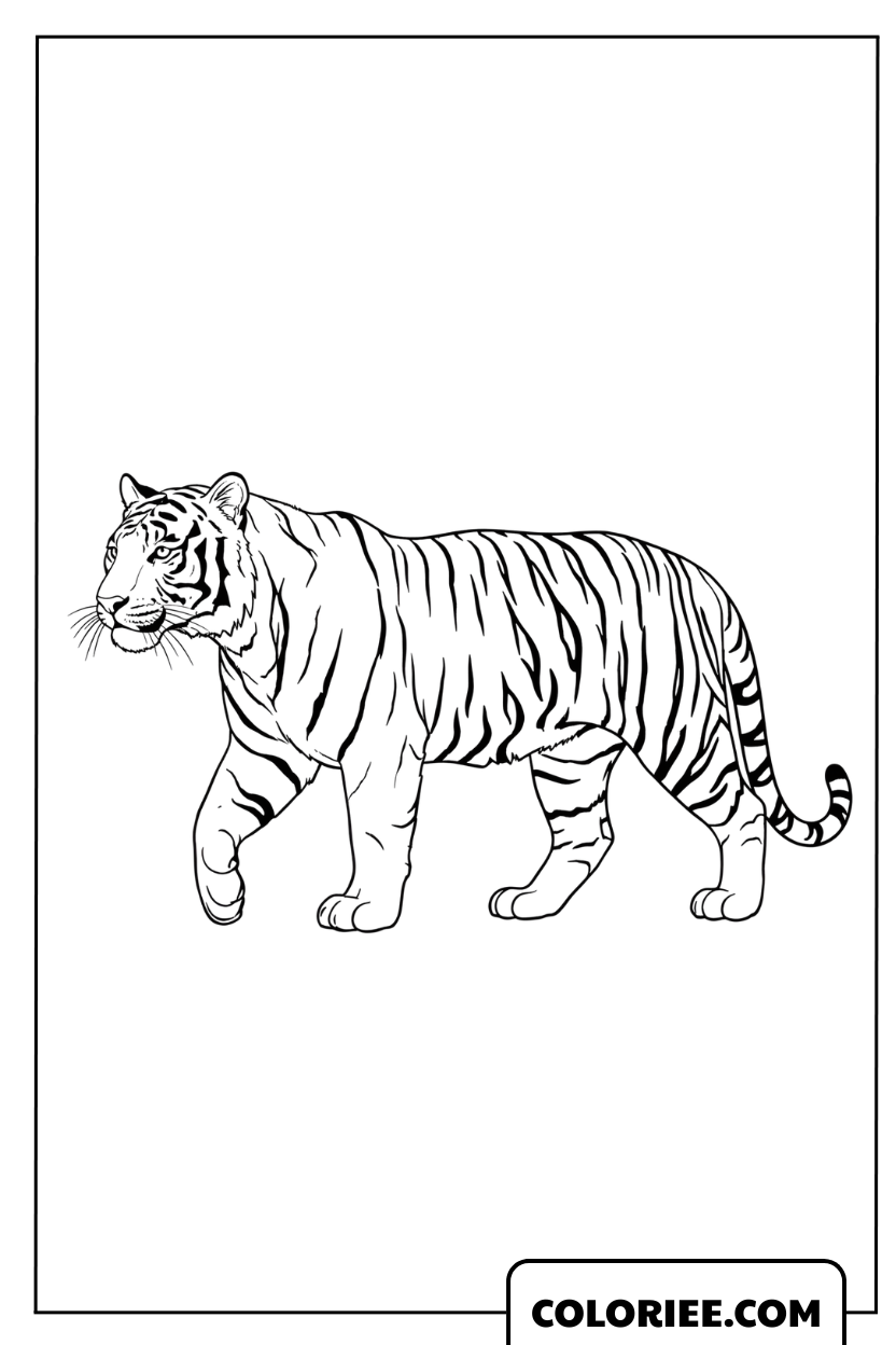 Dessin d'un tigre blanc marchant avec élégance à colorier