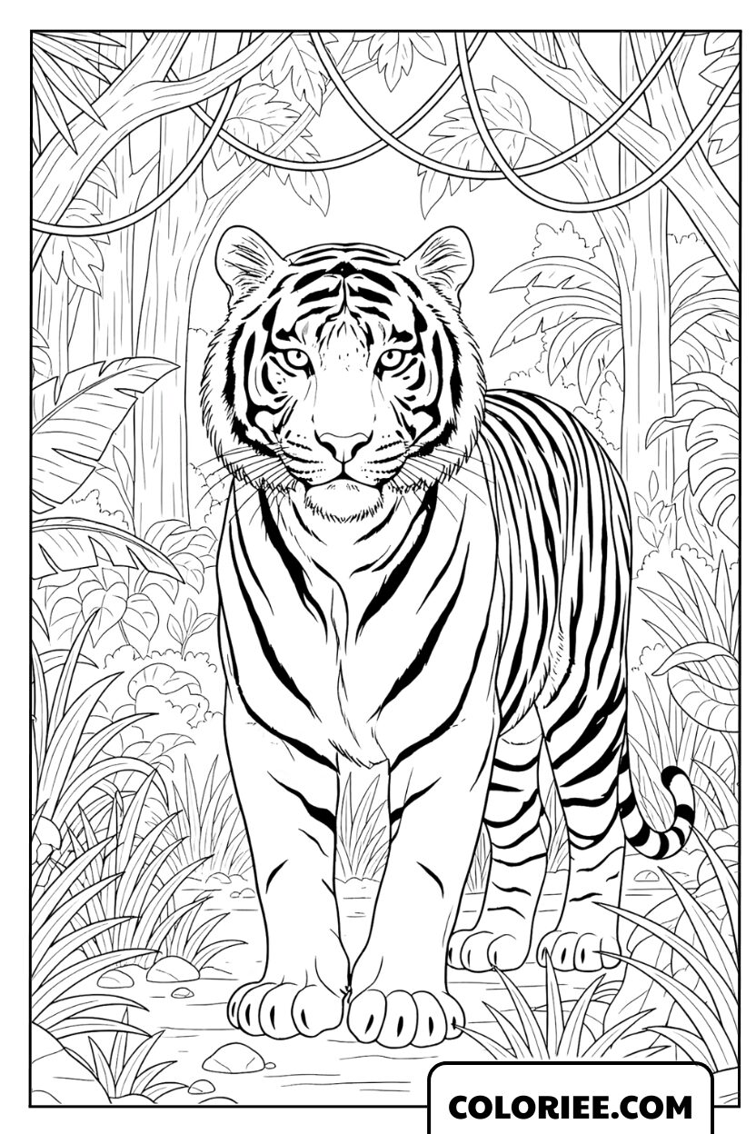 Dessin d'un tigre du Bengale caché dans les buissons à colorier