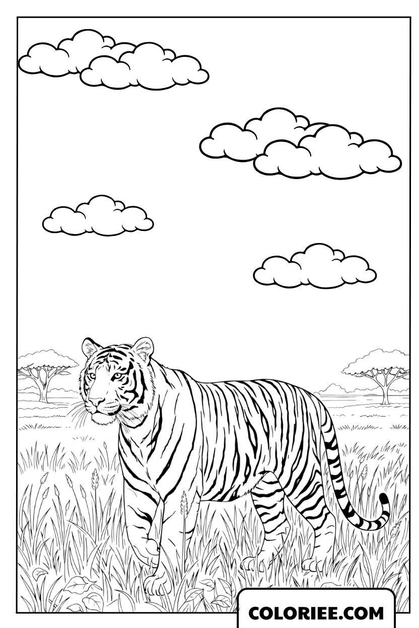 Dessin d'un tigre du Bengale marchant dans la savane à colorier