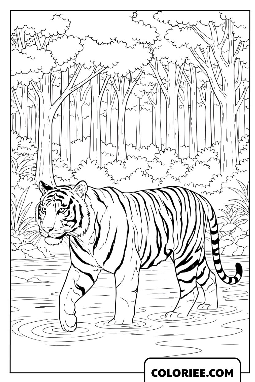 Dessin d'un tigre du Bengale marchant dans l'eau de la jungle à colorier