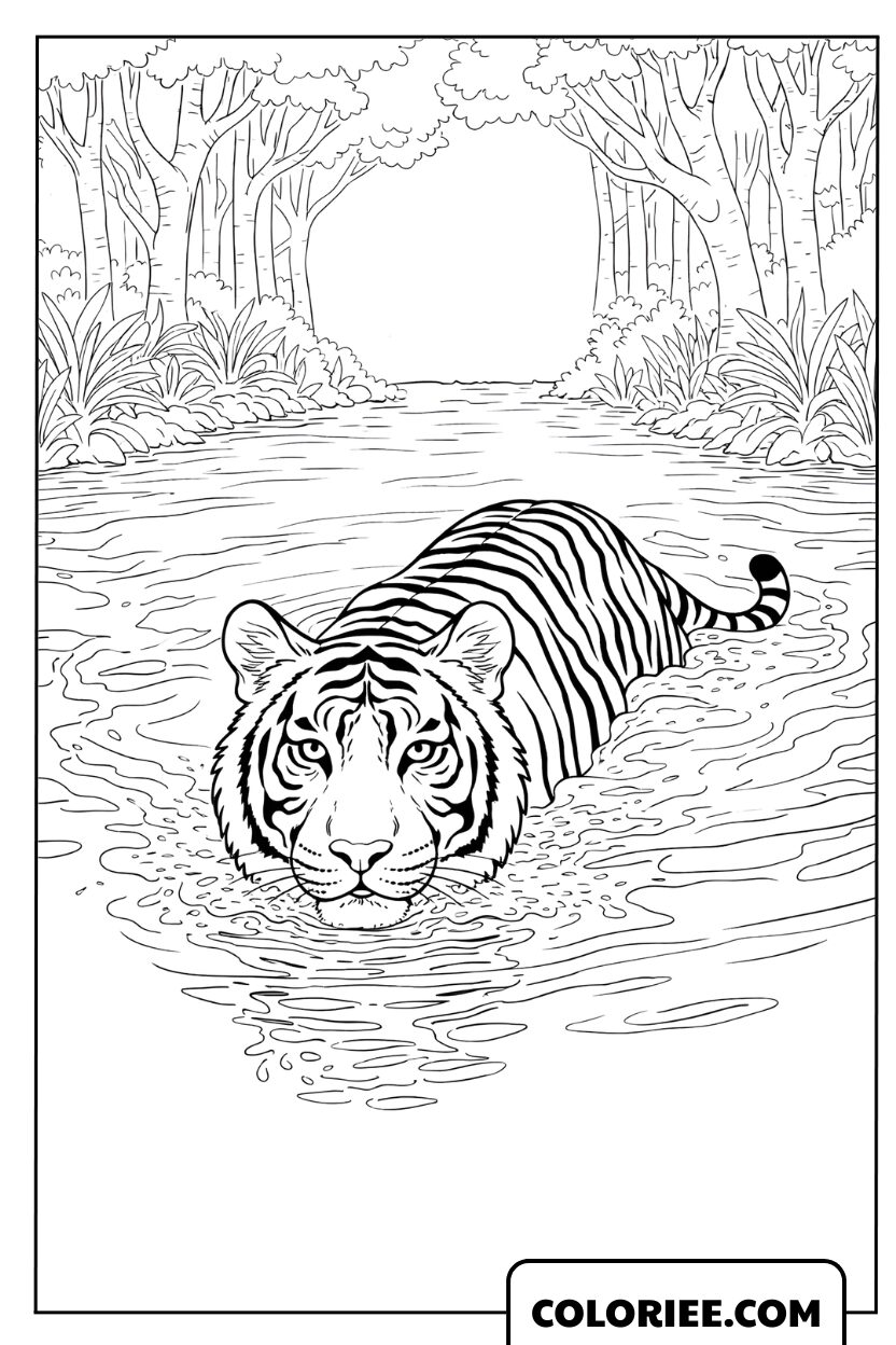 Dessin d'un tigre du Bengale nageant dans une rivière à colorier