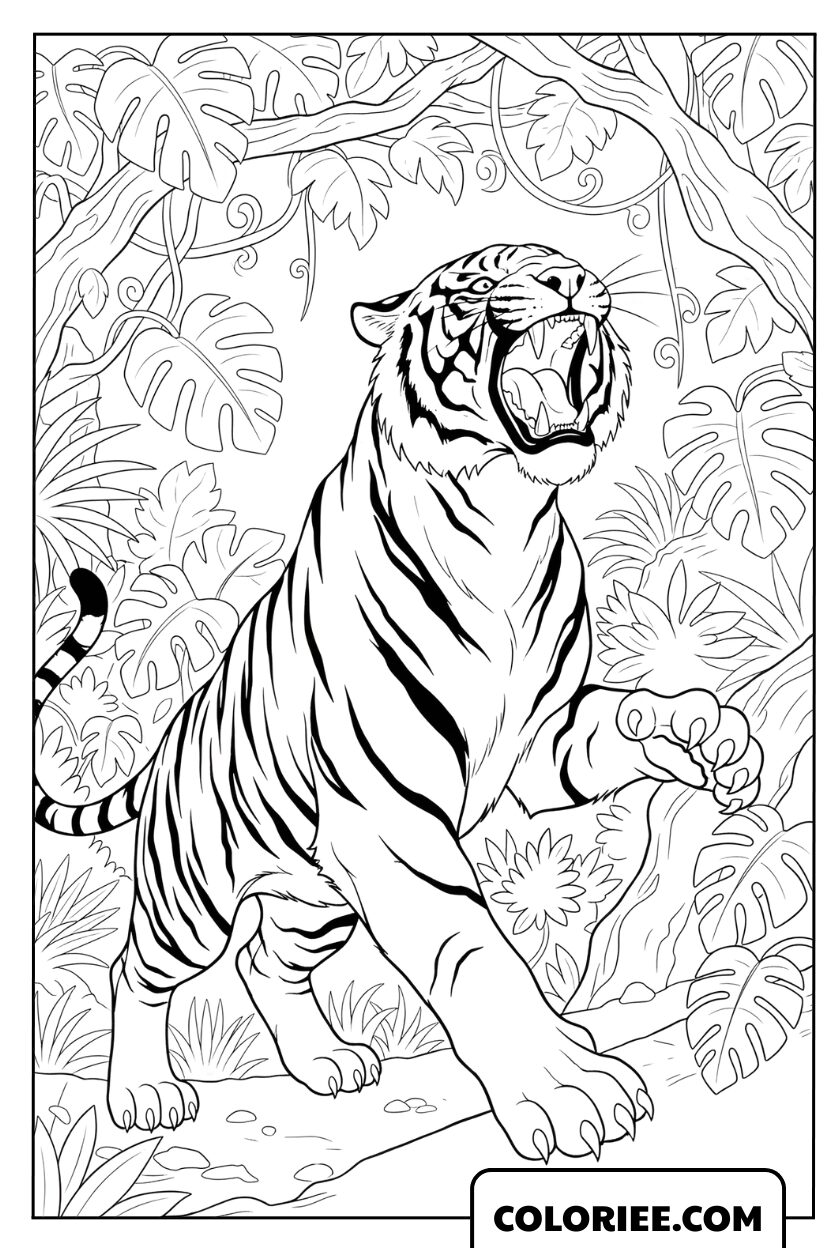 Dessin d'un tigre du Bengale rugissant dans la jungle à colorier