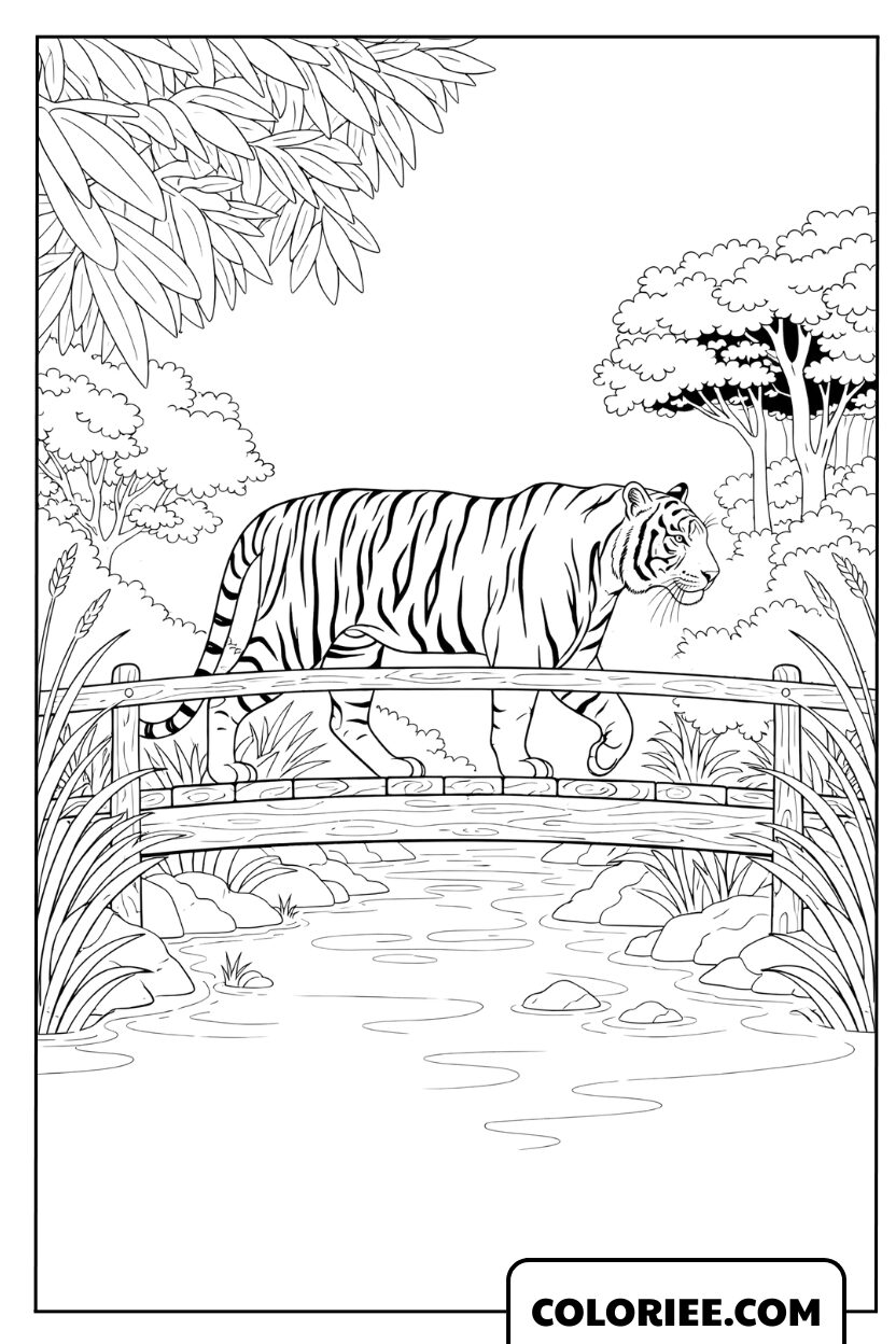 Dessin d'un tigre du Bengale traversant un pont en bois à colorier