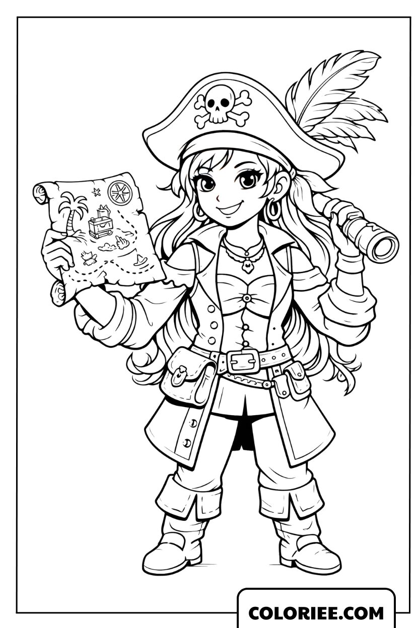 Dessin d'une capitaine avec une carte au trésor