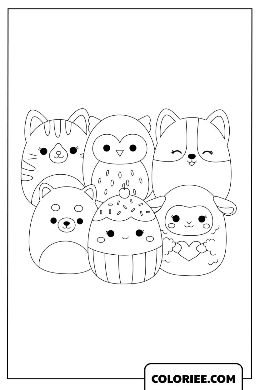 Dessin d'une collection de mini Squishmallows adorables
