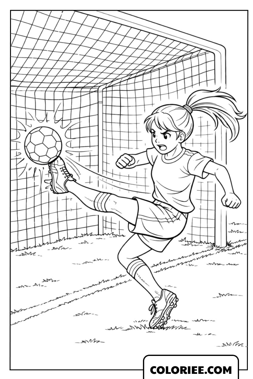 Dessin d'une footballeuse frappant un tir puissant