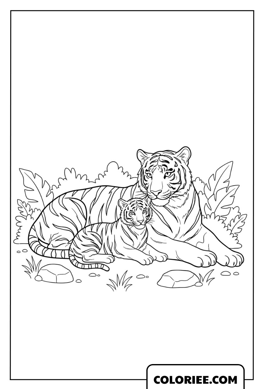 Dessin d'une maman tigre blanc et son petit se reposant à colorier