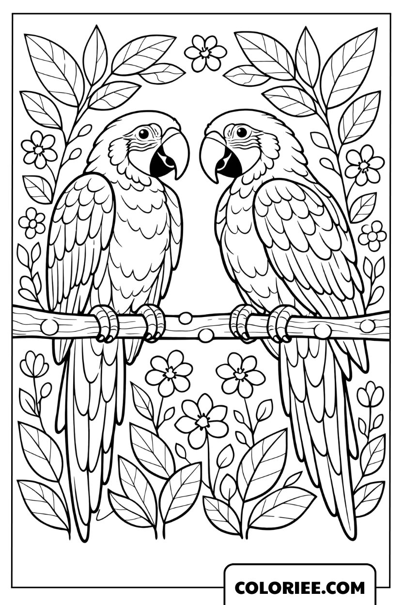 Dessin duo de perroquets sur une branche