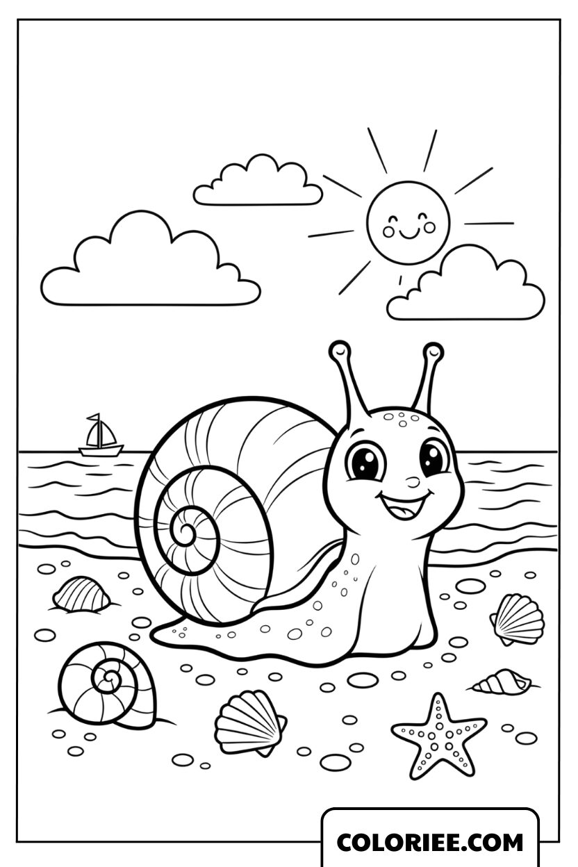Dessin escargot en voyage à la plage