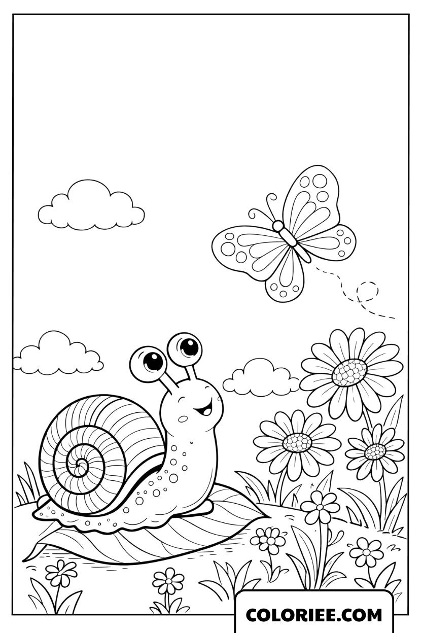 Dessin escargot et papillon dans le jardin