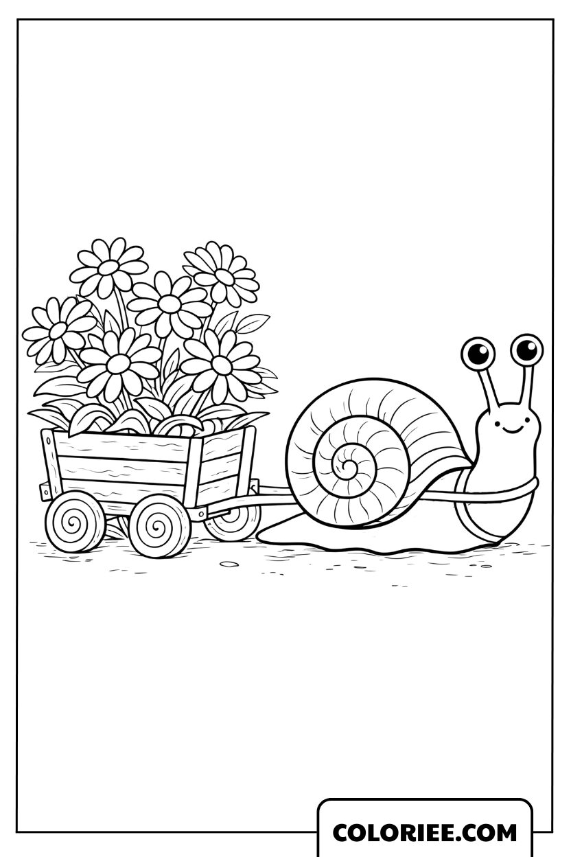 Dessin escargot tirant une charrette de fleurs