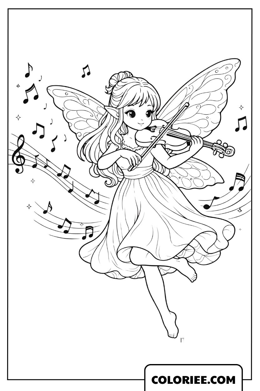 Dessin fée musicienne aux notes enchantées