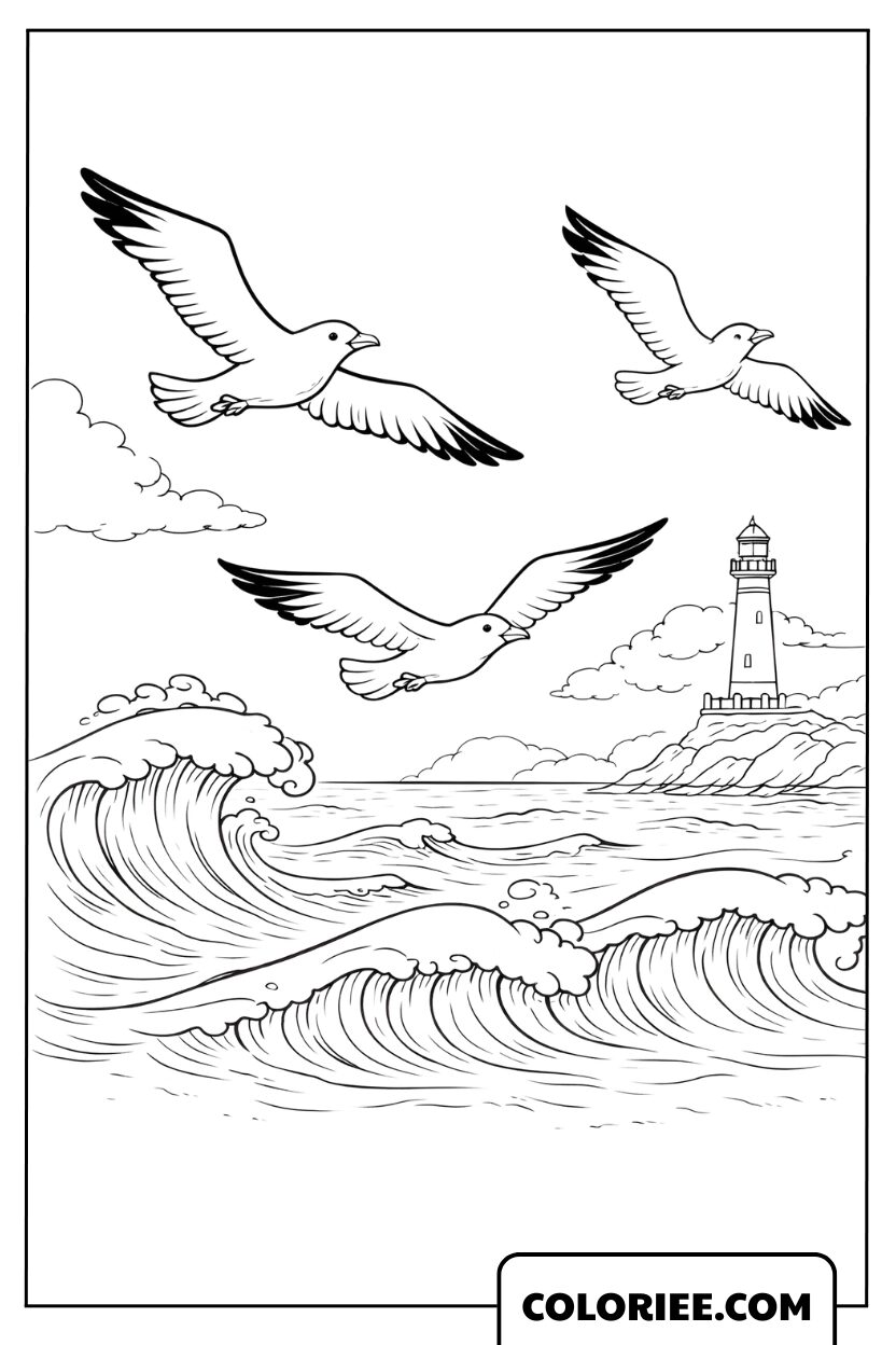 Dessin mouettes volant sur les vagues