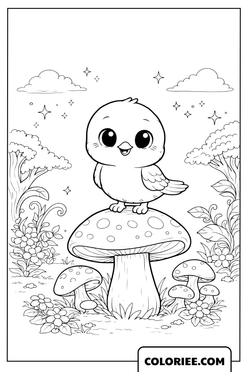 Dessin oiseau mignon trên un champignon