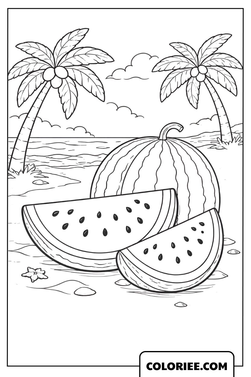Dessin pastèque juteuse au bord de la mer
