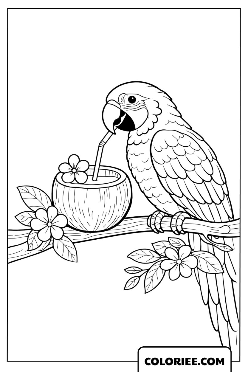 Dessin perroquet dégustant une noix de coco