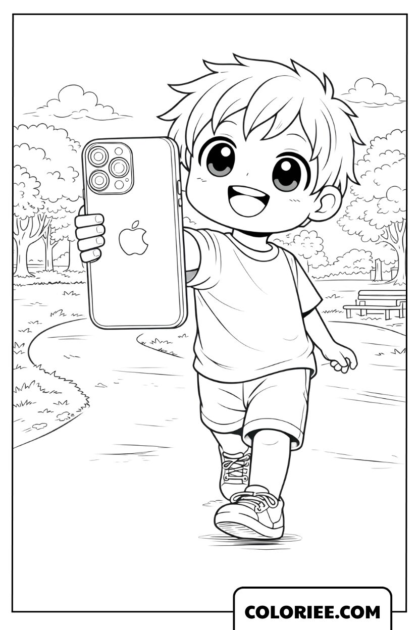 Dessin petit garçon et son iPhone préféré