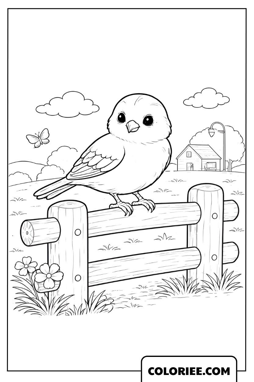 Dessin petit oiseau sur la barrière