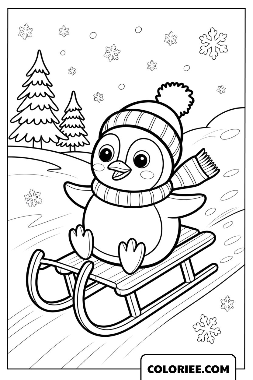 Dessin pingouin faisant de la luge en hiver
