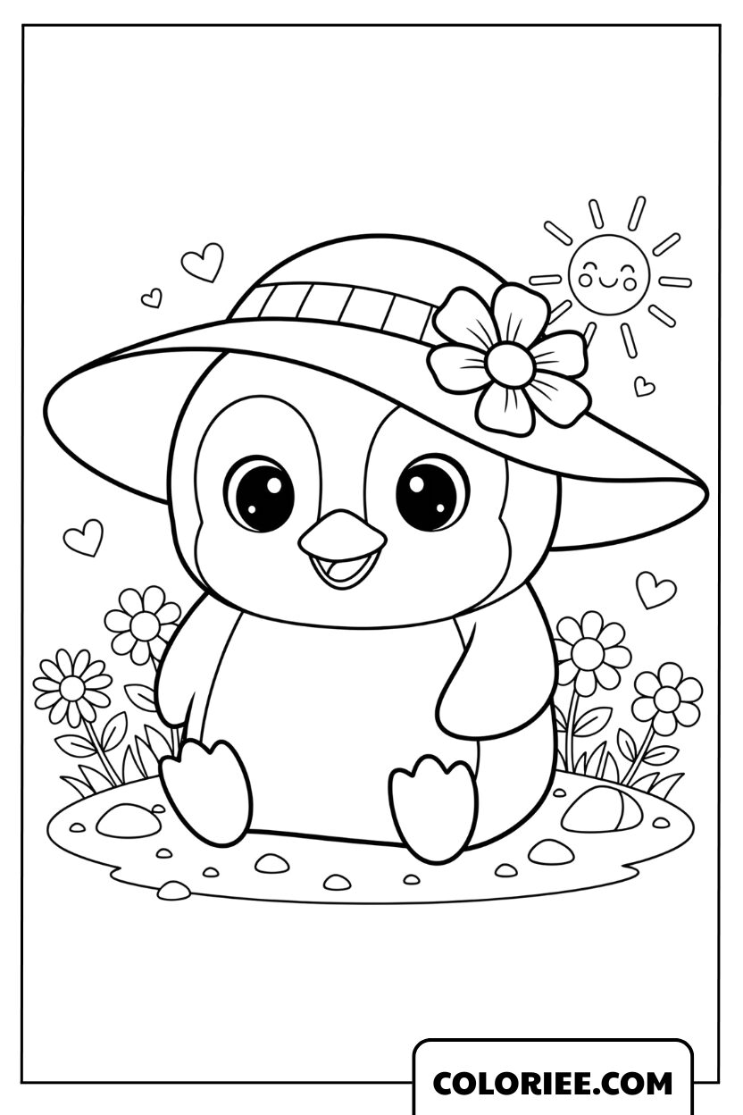 Dessin pingouin mignon avec chapeau fleuri