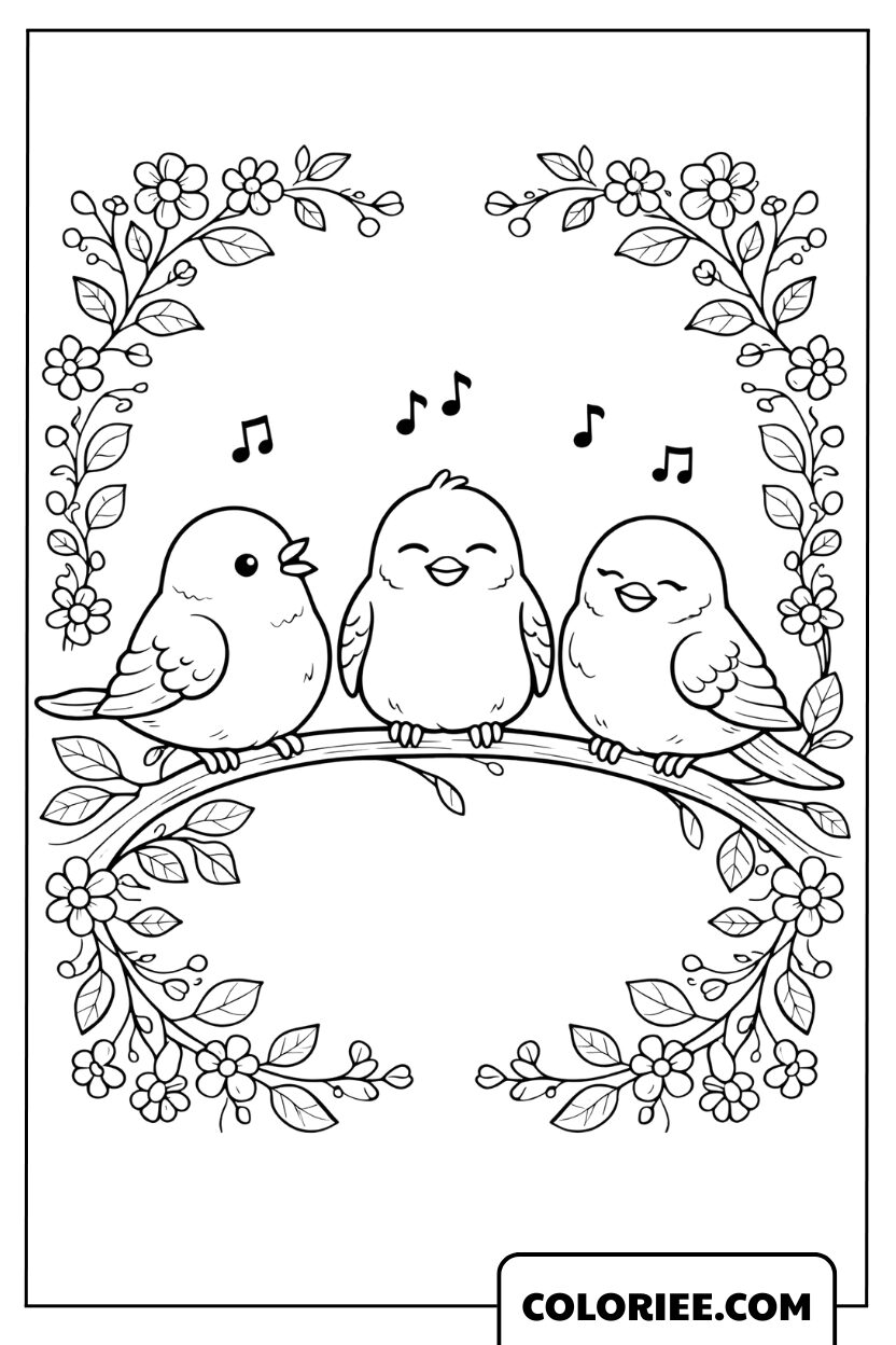 Dessin trio de petits oiseaux chanteurs
