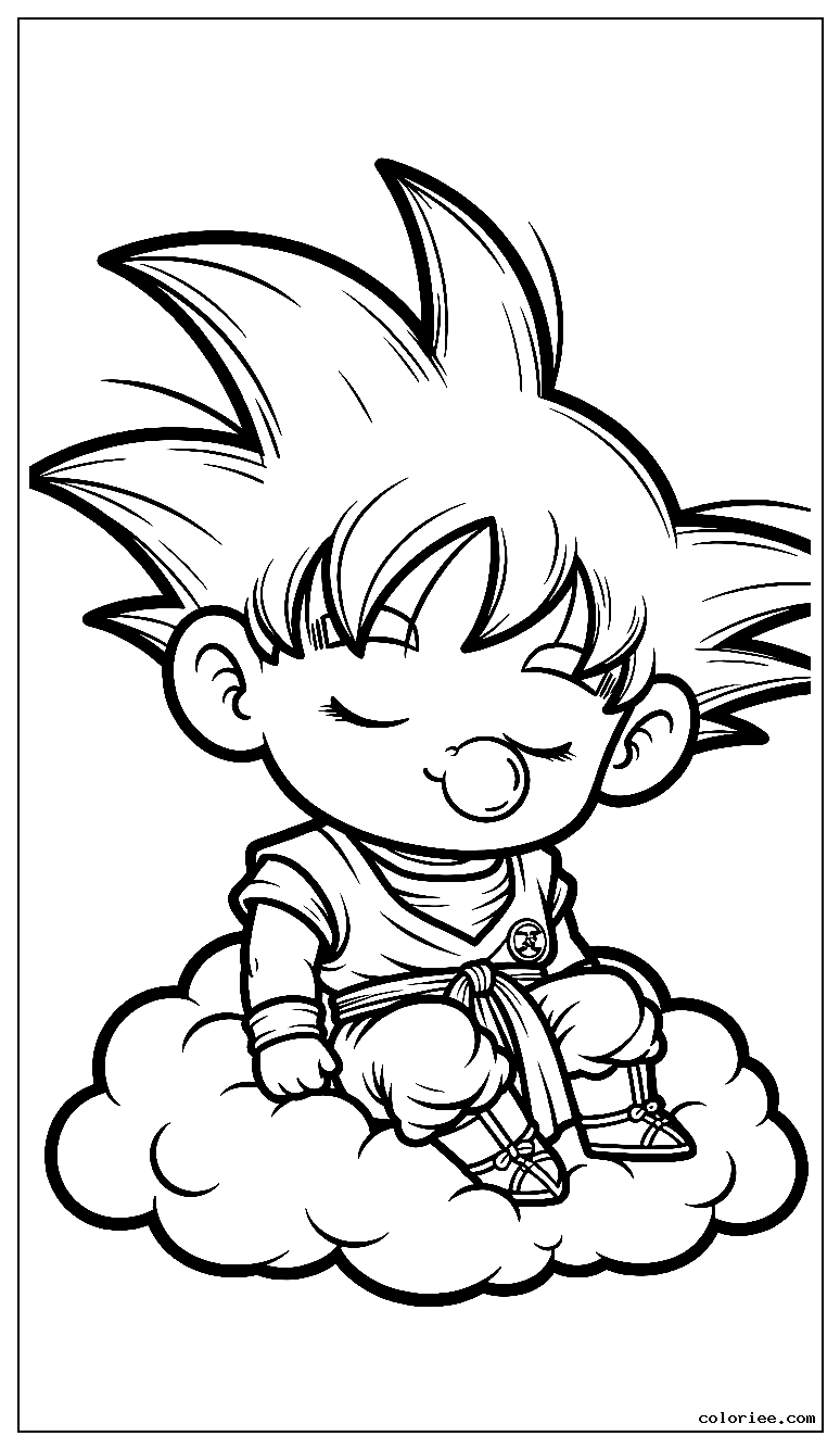 Chibi Goku taking a nap on a fluffy cloud with a bubble from his nose