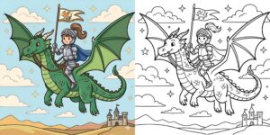 Coloriage Chevalier avec Dragon ft