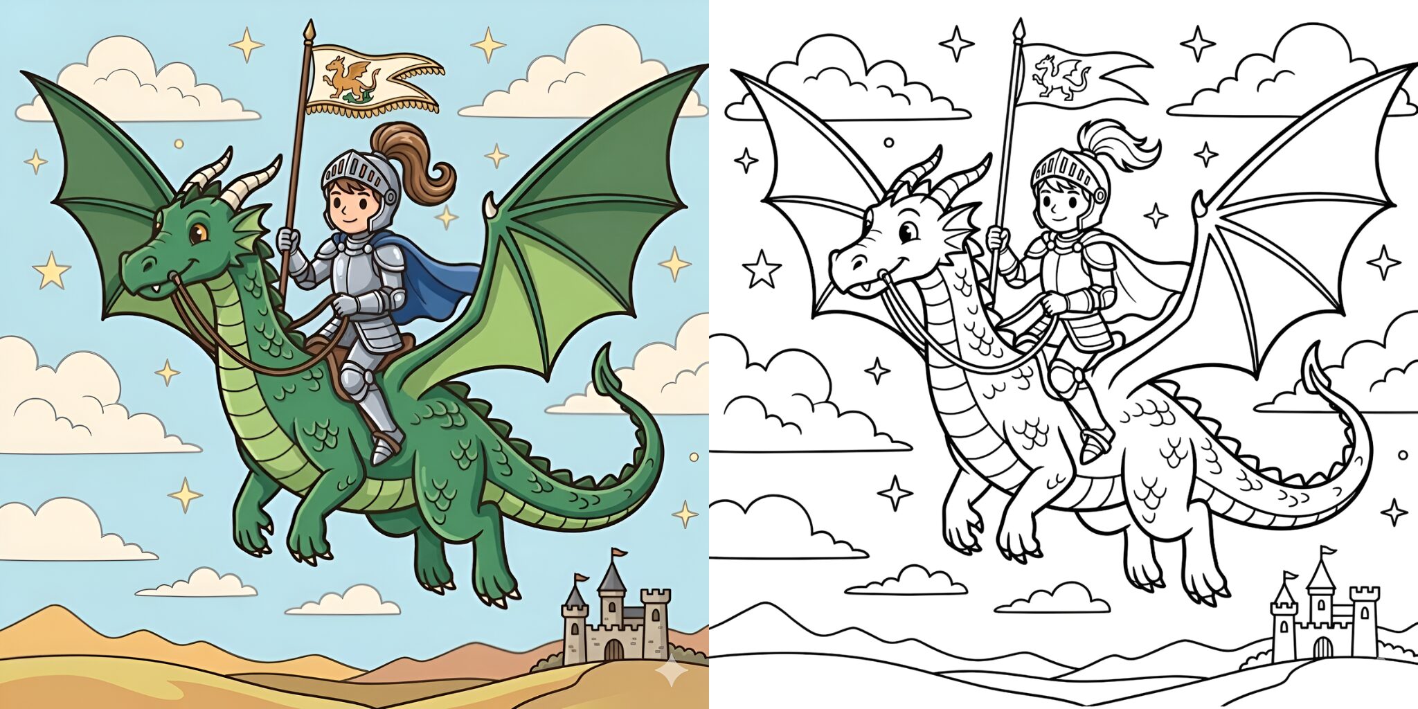 Coloriage Chevalier avec Dragon ft