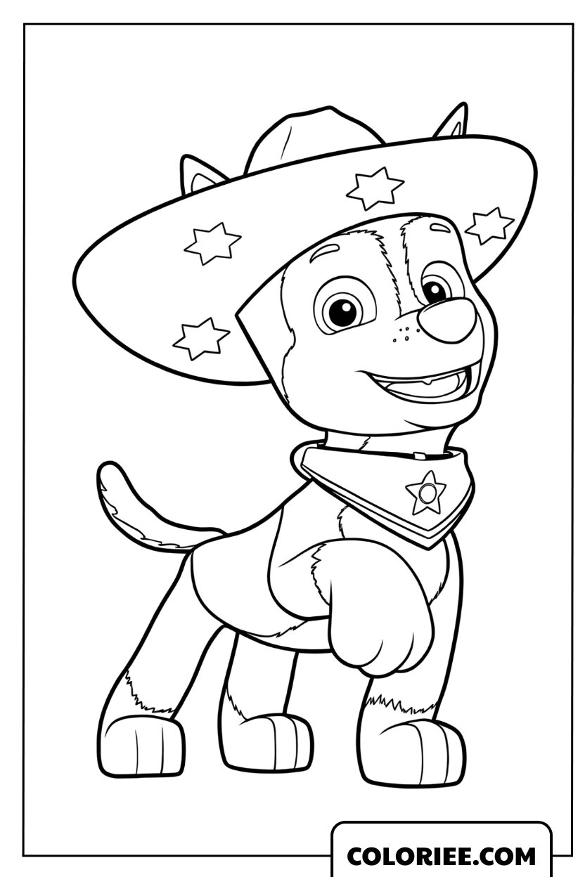 Coloriage de Chase déguisé en cowboy avec un grand chapeau