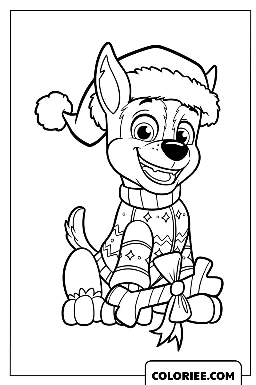 Coloriage de Chase en tenue de Noël avec un bonnet et un pull festif