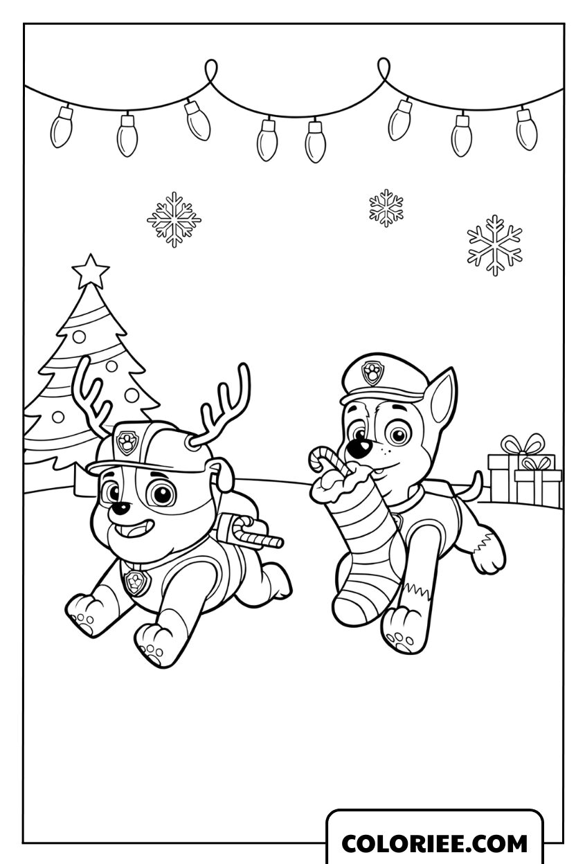 Coloriage de Chase et Marshall avec des chaussettes de Noël