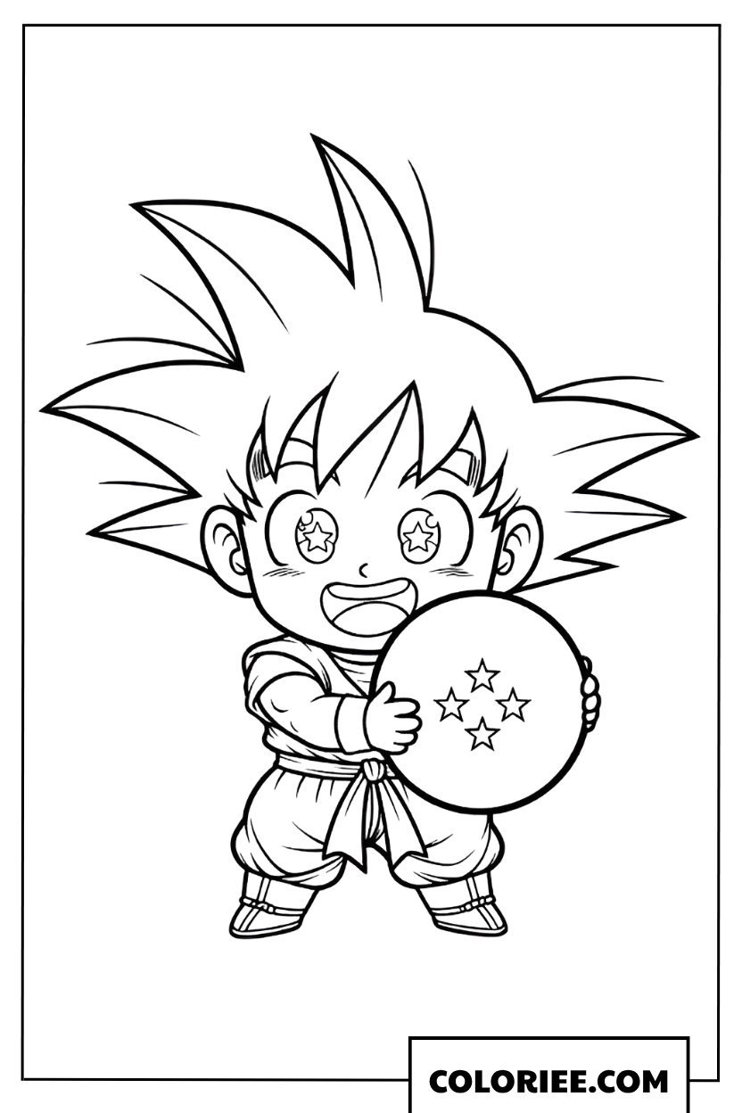 Coloriage de Chibi Goku mignon brandissant la Dragon Ball à quatre étoiles