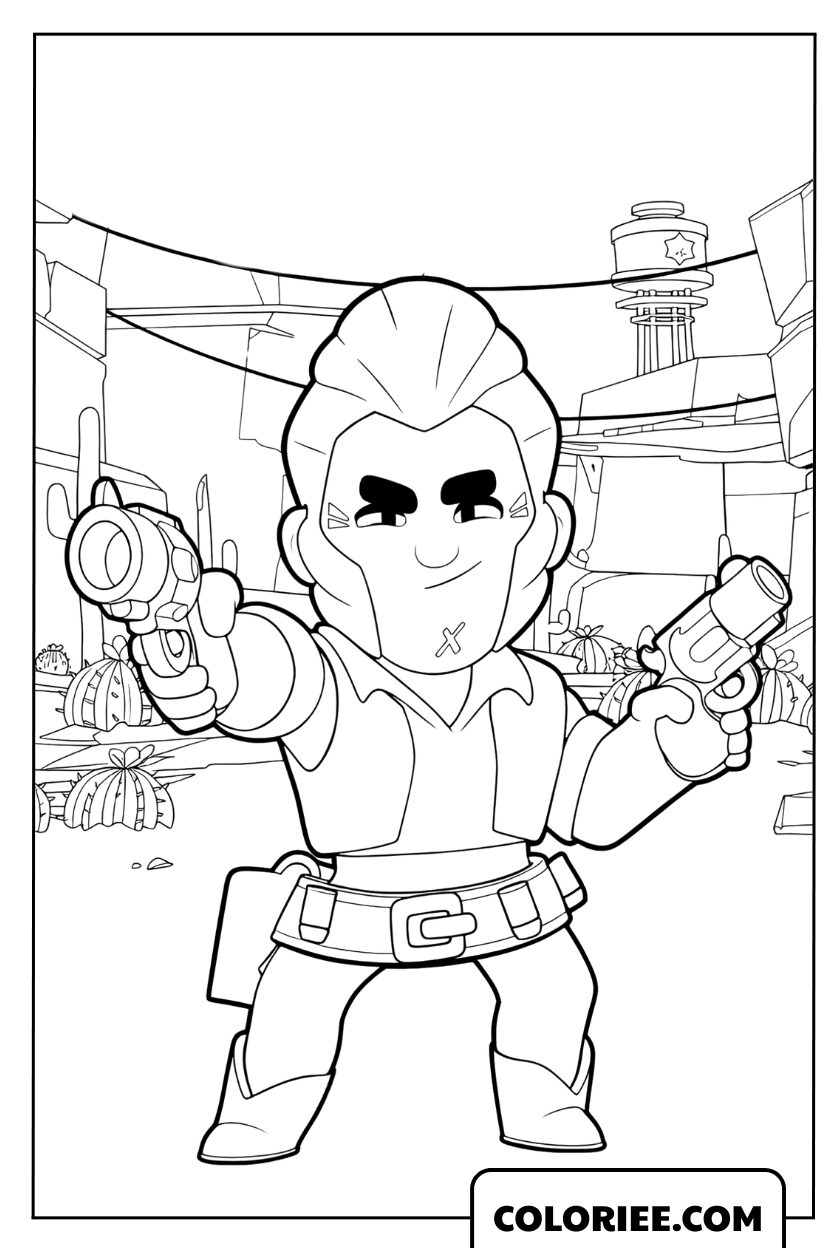 Coloriage de Colt en posture de combat avec ses pistolets dans le désert