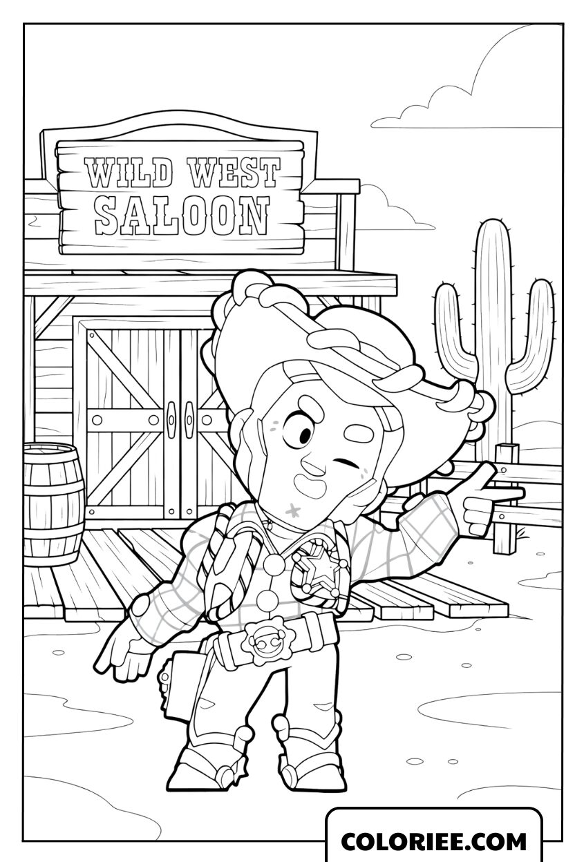 Coloriage de Colt saluant les joueurs devant le Wild West Saloon