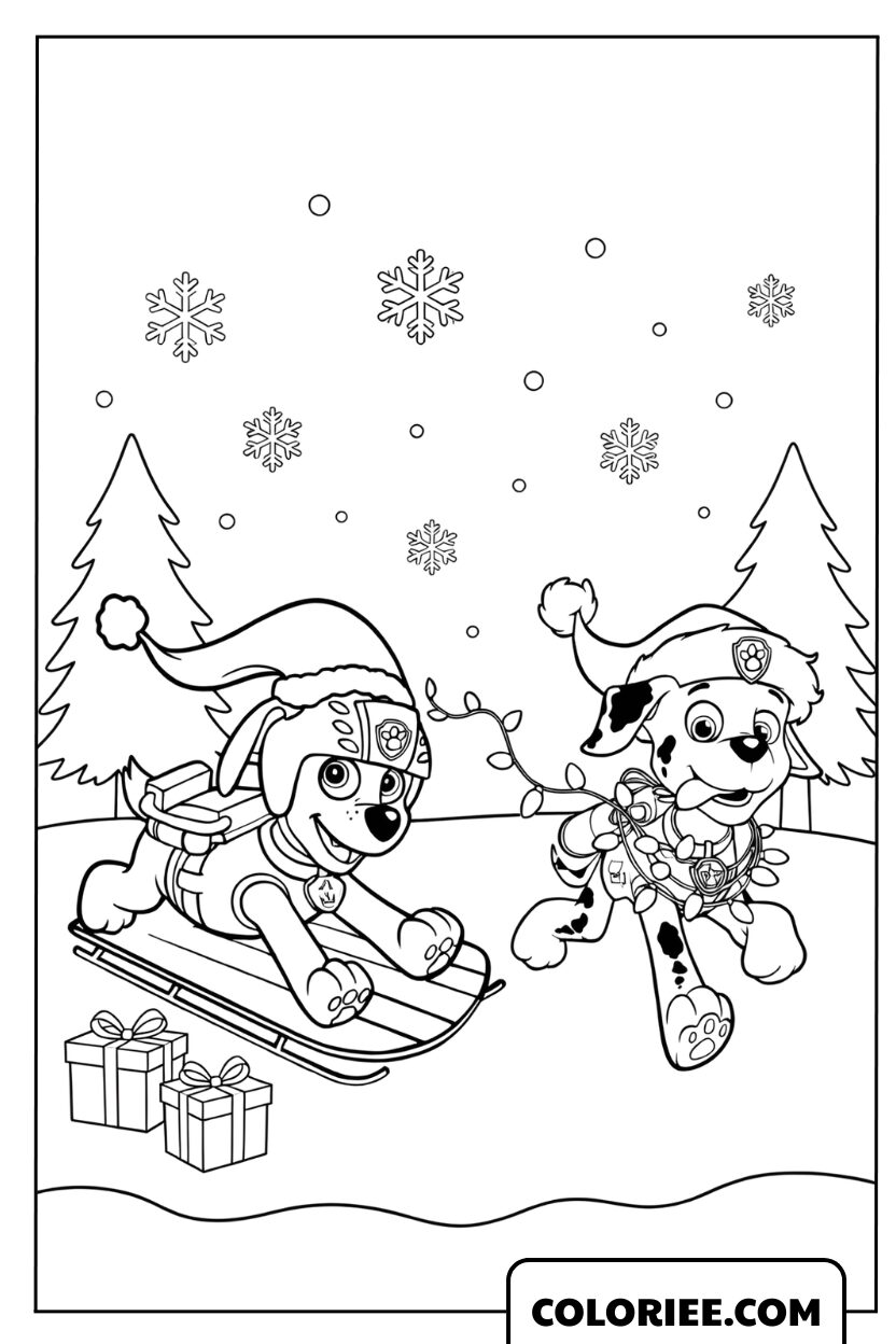 Coloriage de Marshall et Zuma s'amusant sous la neige de Noël