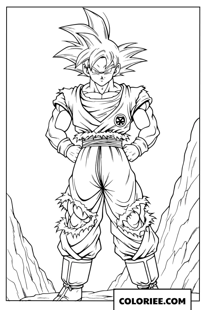 Coloriage de Sangoku debout majestueusement entre les falaises