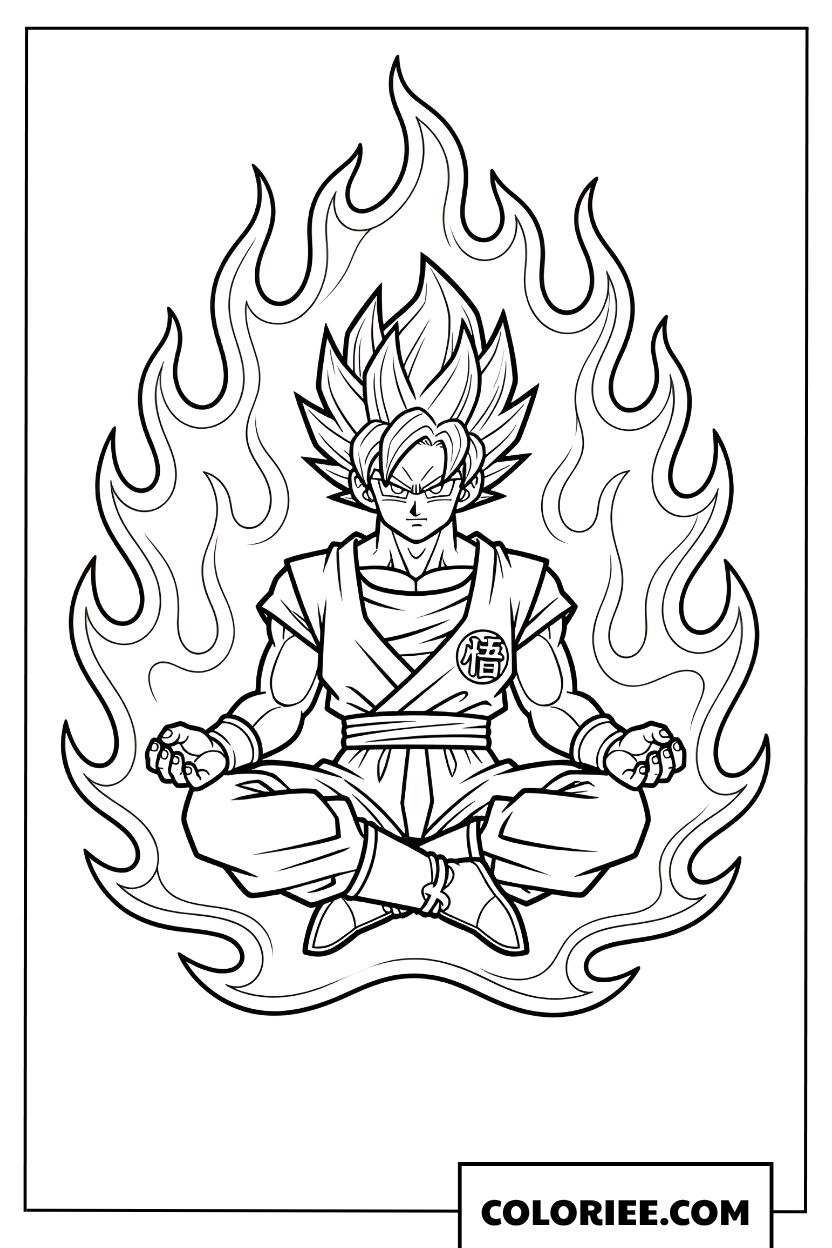 Coloriage de Sangoku en méditation dans une aura de feu