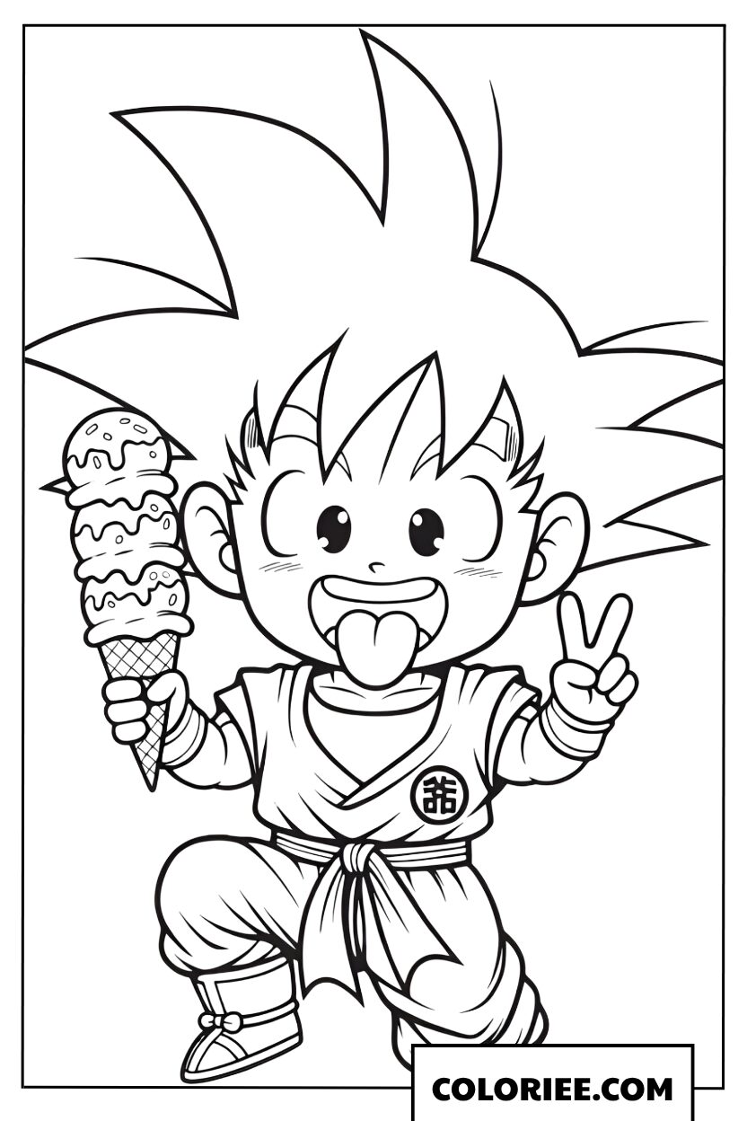 Coloriage de Sangoku version Chibi mangeant une glace