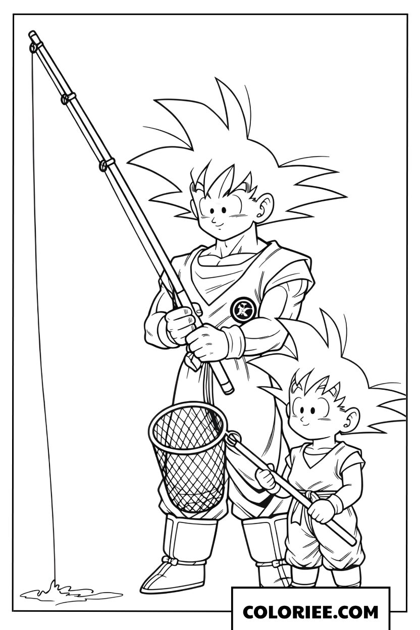 Coloriage de Son Goku et son fils partant à la pêche